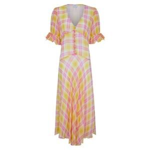 Ghost London Luella Pink Yellow Plaid Puff Sleeve Maxi Dress S Cottagecore